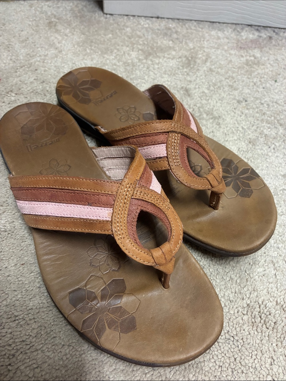 Merrell Lidia Brown Sugar Tan and Pink Leather Sandals Womens Size 8